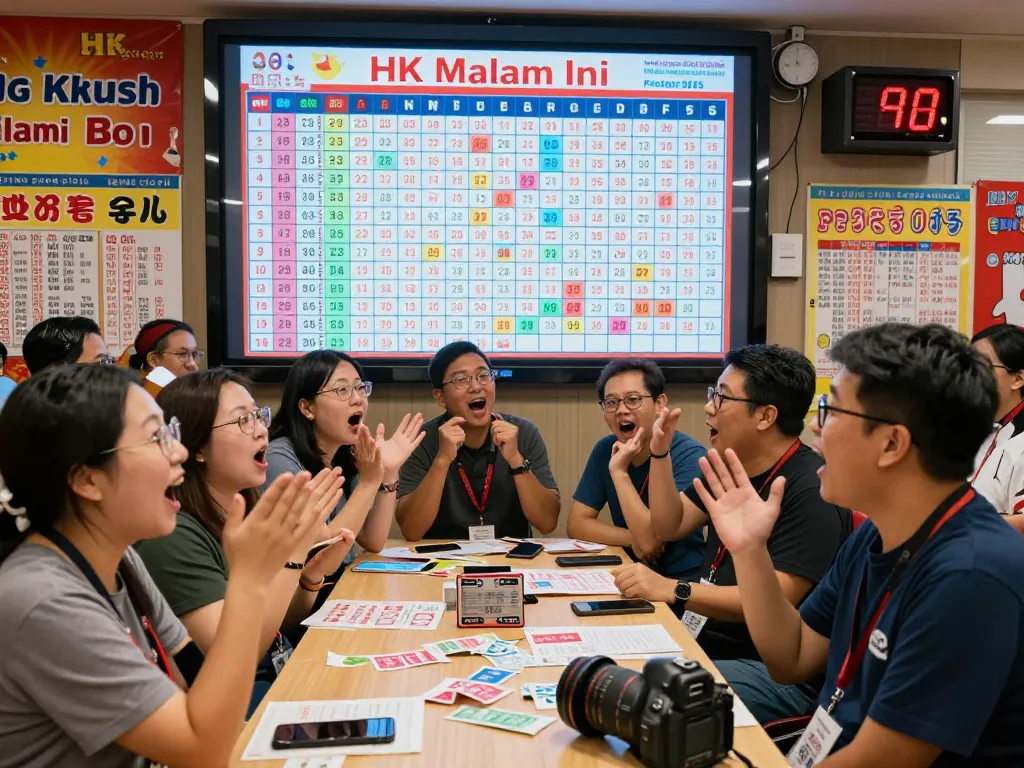 Excited players eagerly watching HK Malam Ini lottery results during a live draw event.