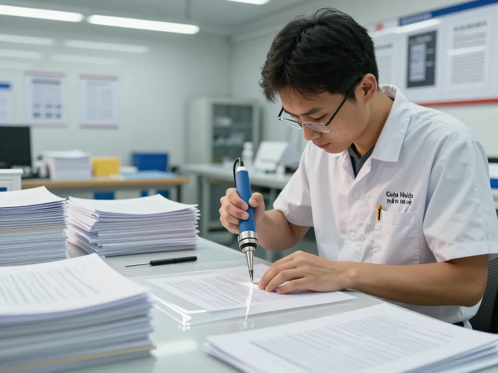 Bóc ép plastic tại hà nội, a technician carefully removing lamination from papers, showcasing precision and expertise in a modern workshop setting.