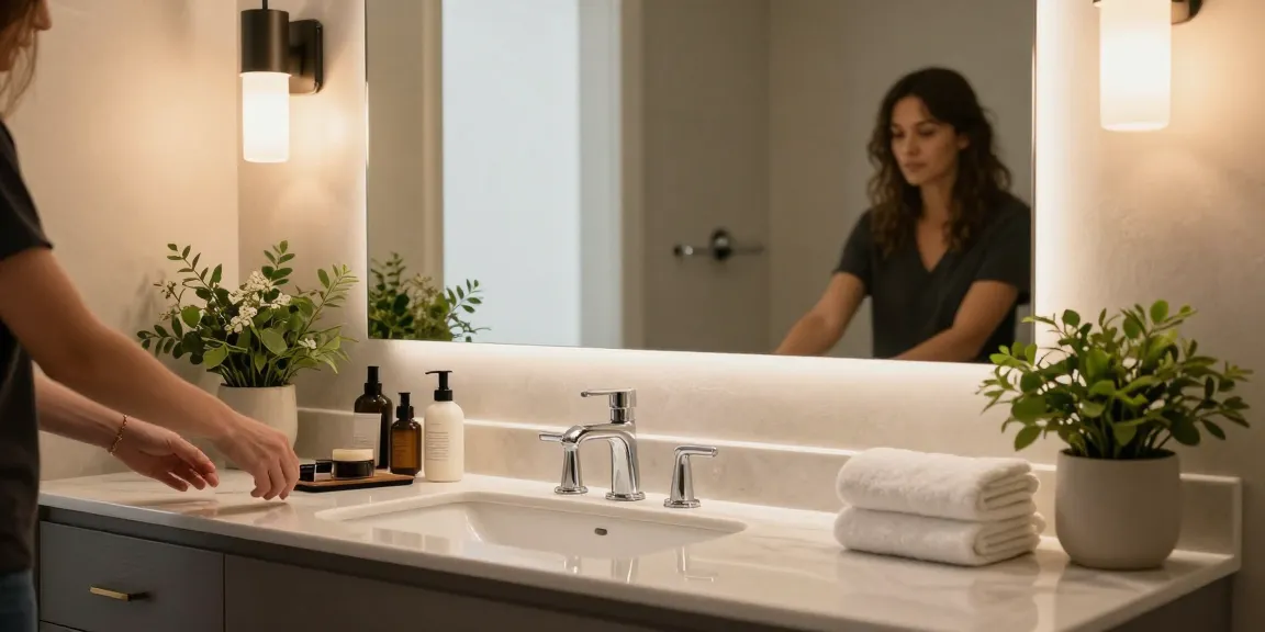 Modern bathroom vanity with elegant mirror and organized beauty products, showcasing sophisticated design.