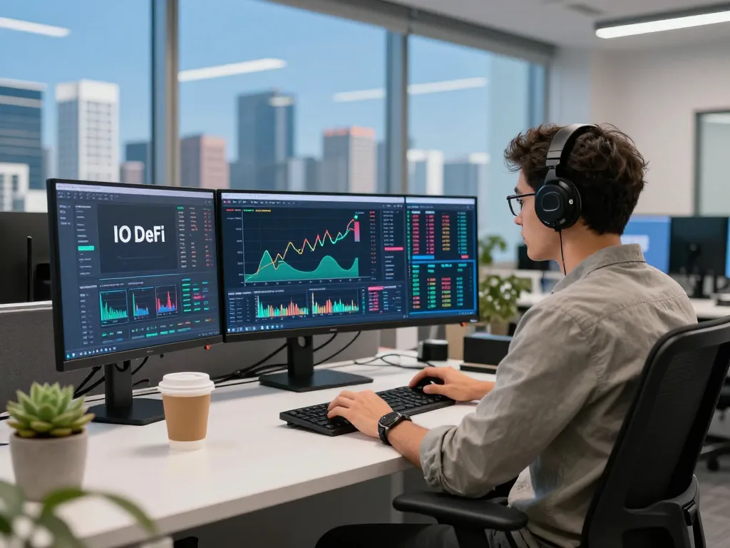 Dynamic trading desk scene illustrating real-time IO DeFi cryptocurrency analytics.