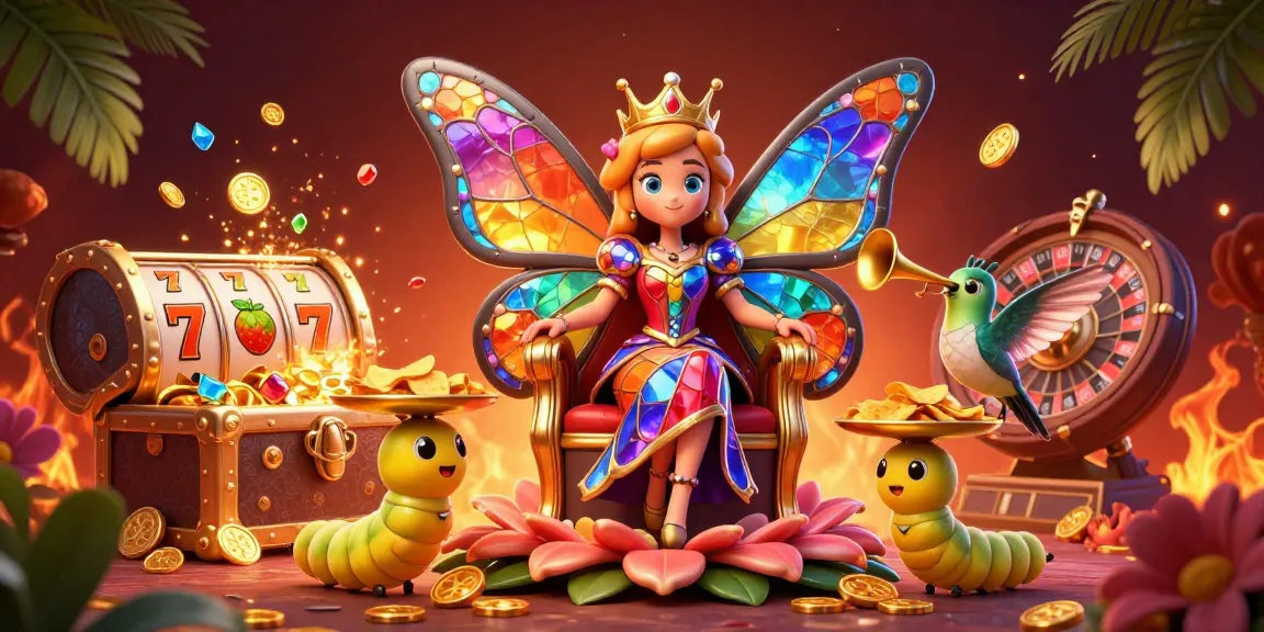 Une illustration de casino en ligne dynamique avec une reine papillon et des éléments de machines à sous, évoquant l'excitation des jeux.