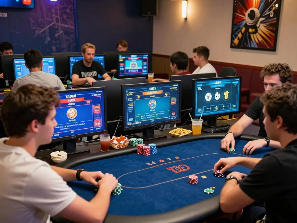 Players enjoying exciting IDN Poker games in a vibrant gaming lounge with multiple screens and snacks.