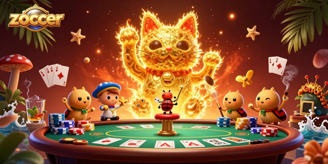 Zoccer: A vibrant 3D illustration showcasing a lucky cat and fireflies amidst a lively casino scene with poker elements.