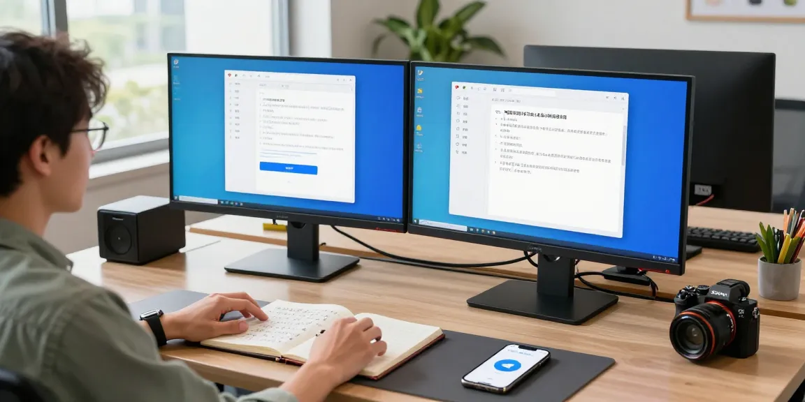 Person configuring Telegram Chinese setup tutorial on dual monitors in a modern workspace