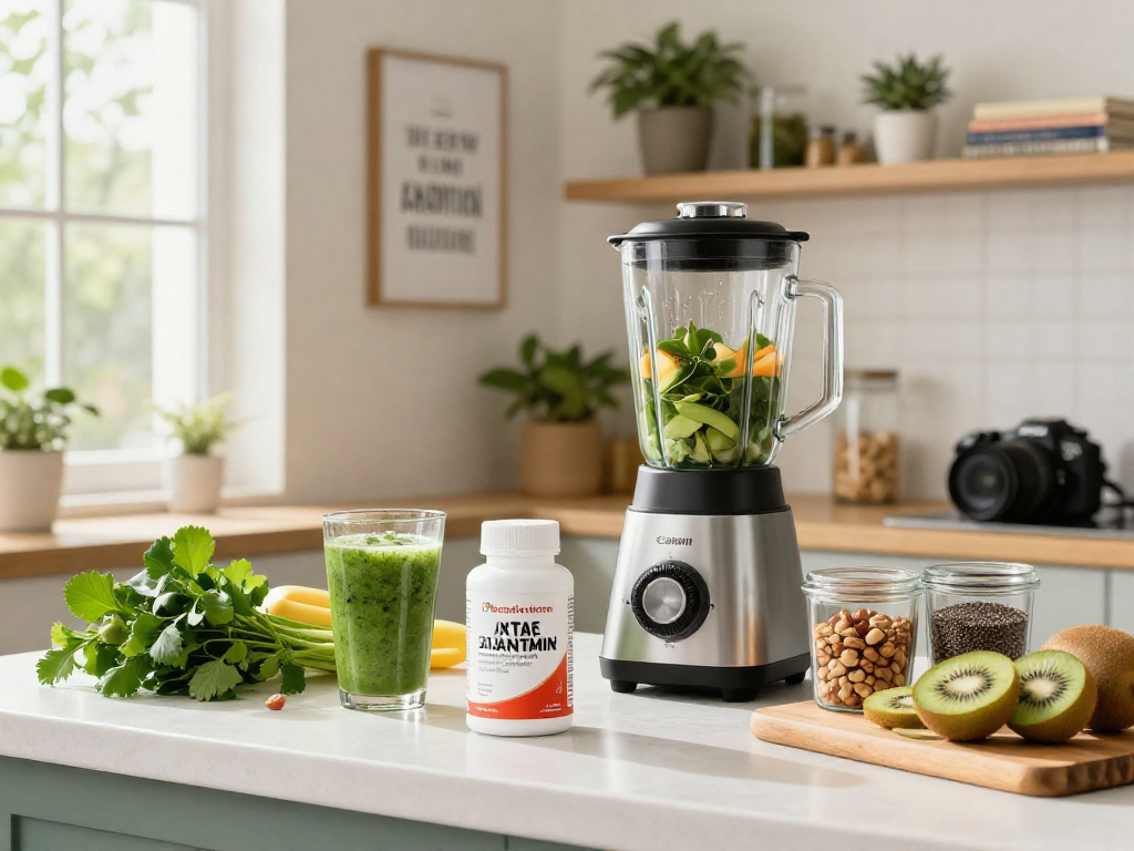 Active kitchen scene promoting astaxanthin supplement Canada with vibrant fruits and healthy preparation.