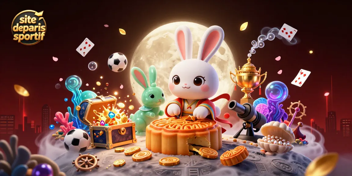 Illustrez le site de paris sportif avec un lapin lunaire et divers éléments de Paris sportifs illuminés.