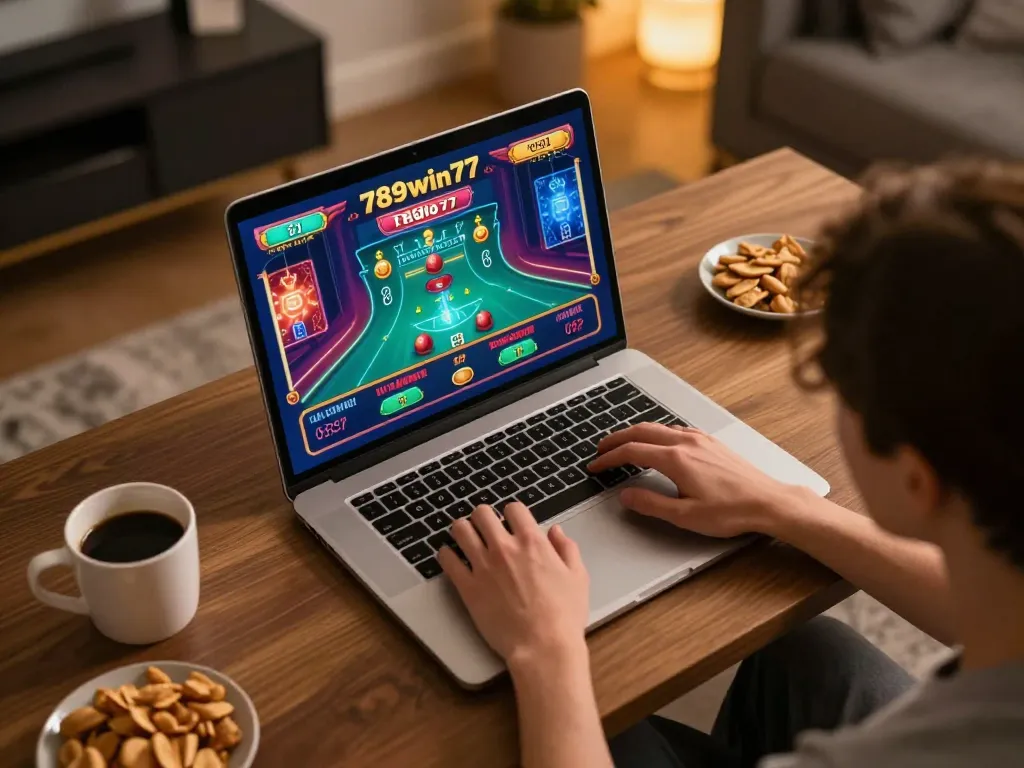 Engaging user playing online casino games on 789win77 interface in a cozy home setting.