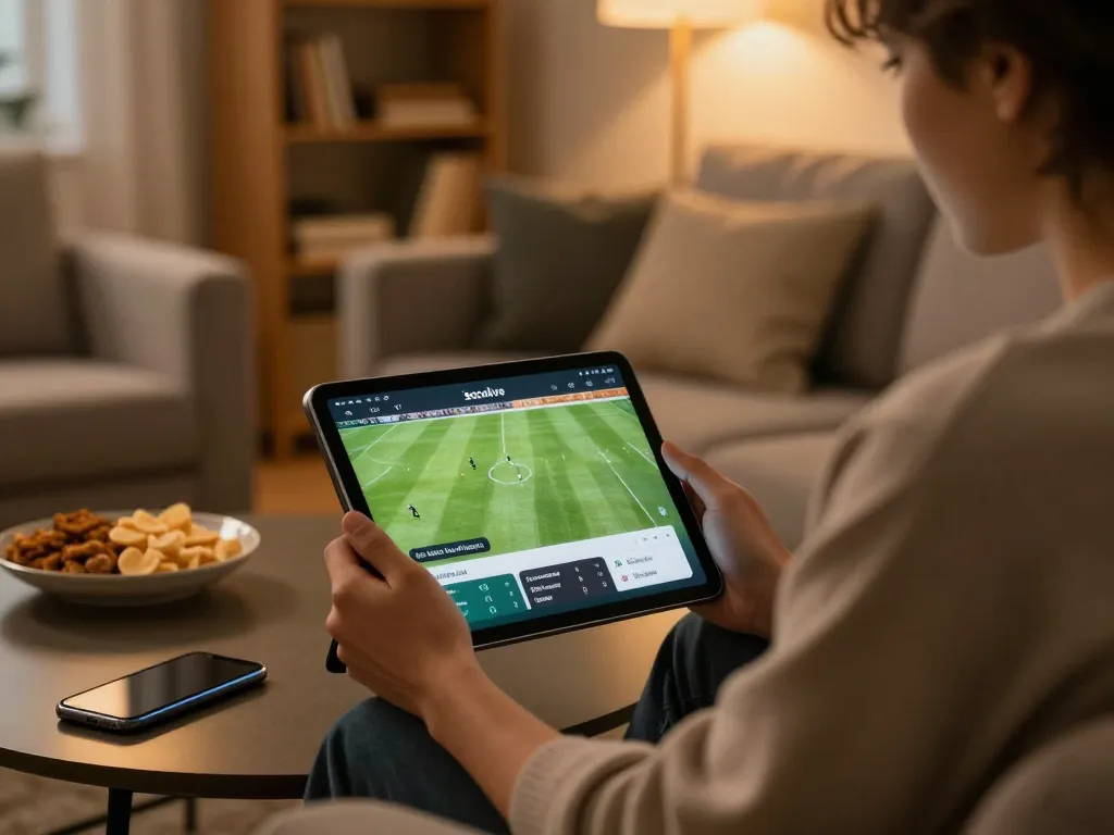 Socolive app displayed on tablet while enjoying a live soccer match in a cozy home setup.