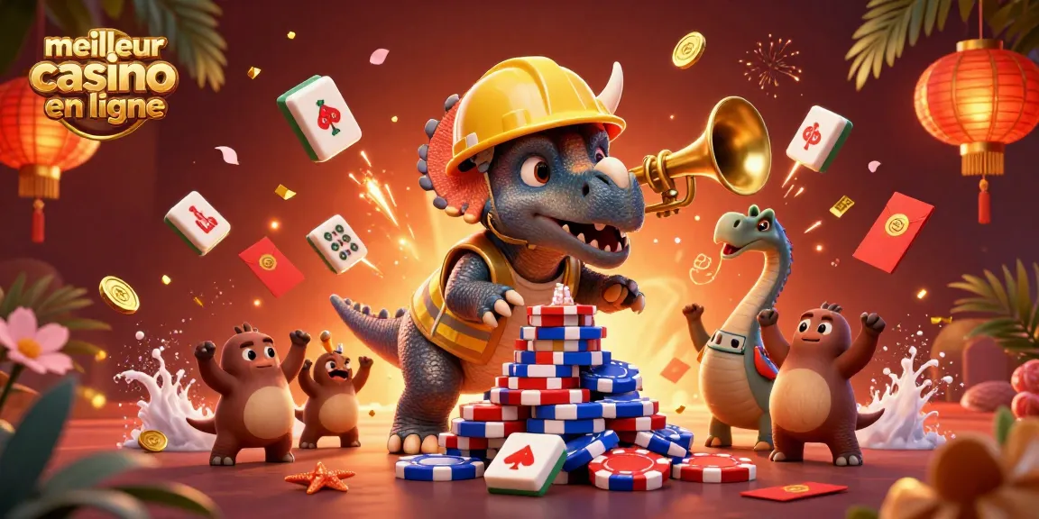 Visuel vibrant de meilleur casino en ligne avec un dinosaure et des éléments de jeu.
