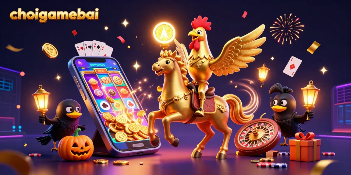 Play thrilling games at choigamebai with entertaining 3D casino illustration featuring slot games and festive elements.