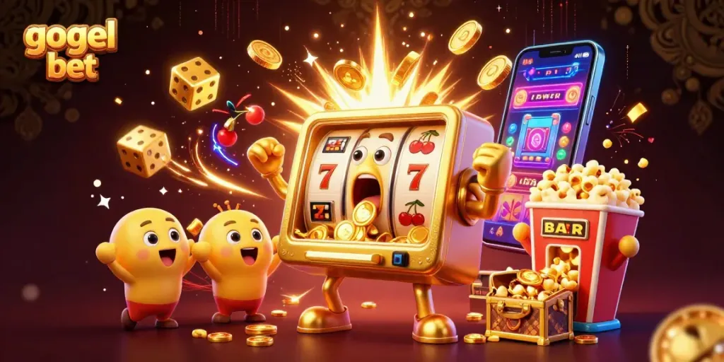 Slot mesin gogel bet sedang menang besar dengan koin berlimpah di sekitarnya.