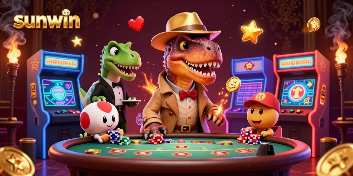 Engage at sunwin with a cartoon velociraptor card counter and stegosaurus pit boss in an animated casino.
