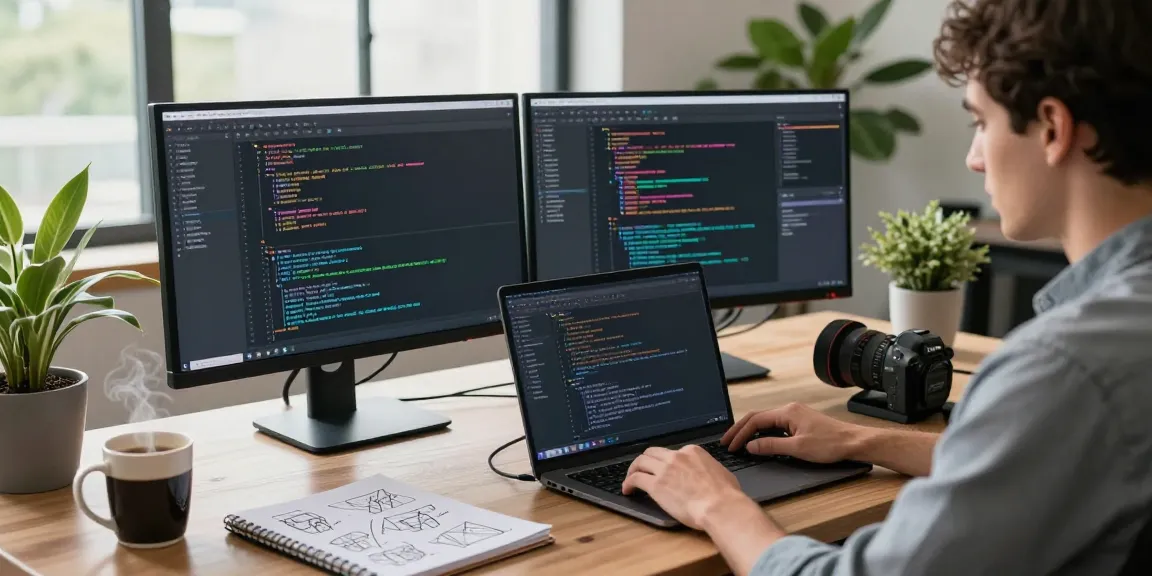 Developer coding on a laptop at https://www.bdtjl.app/ workspace with dual monitors and coffee, showcasing tech innovation.