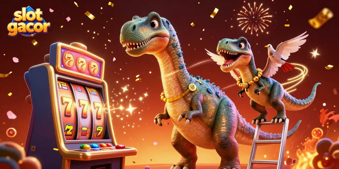 Experience thrilling wins at slot gacor with a vibrant casino scene featuring playful dinosaur characters and dynamic slot machines.