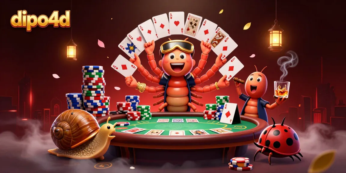 Engage with dipo4d's vibrant casino scene featuring a unique dealer and iconic poker elements.