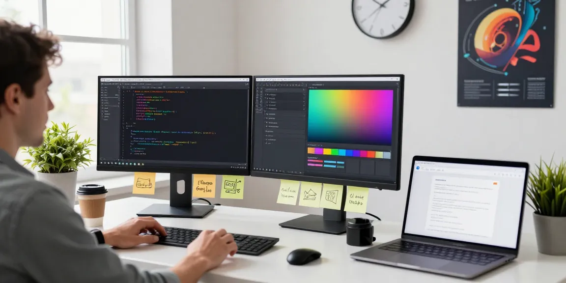 Developer using a 截图工具 on dual monitors in a modern workspace, showcasing productivity and innovation.