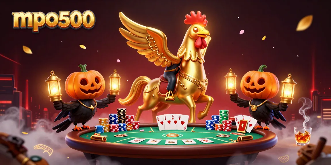 MPO500 showcases a golden rooster headless horseman and crow companions in an immersive casino scene.
