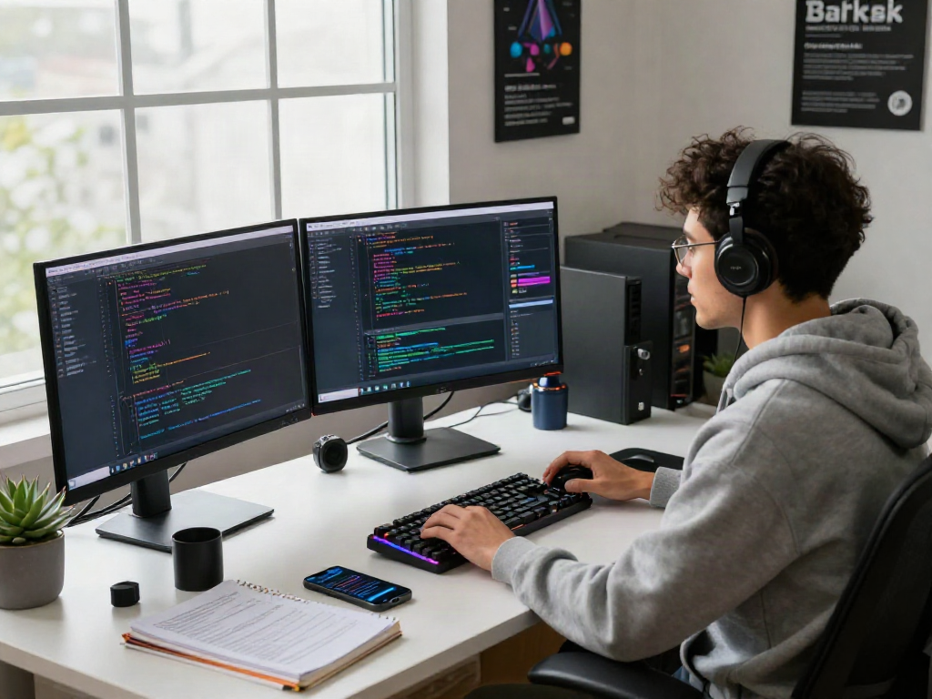 Developer coding in a modern workspace with multiple screens showcasing bro138 technology and vibrant interfaces.