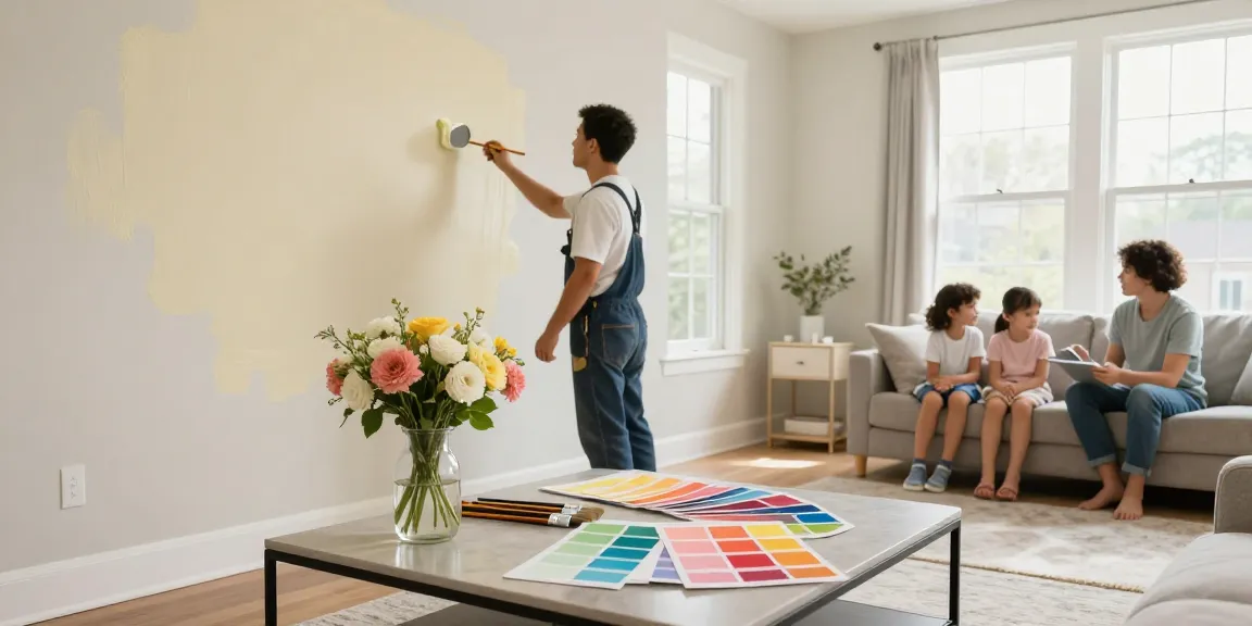 Interior house painting Nashville with eco-friendly paint, vibrant colors, and professional painter in a bright living room.