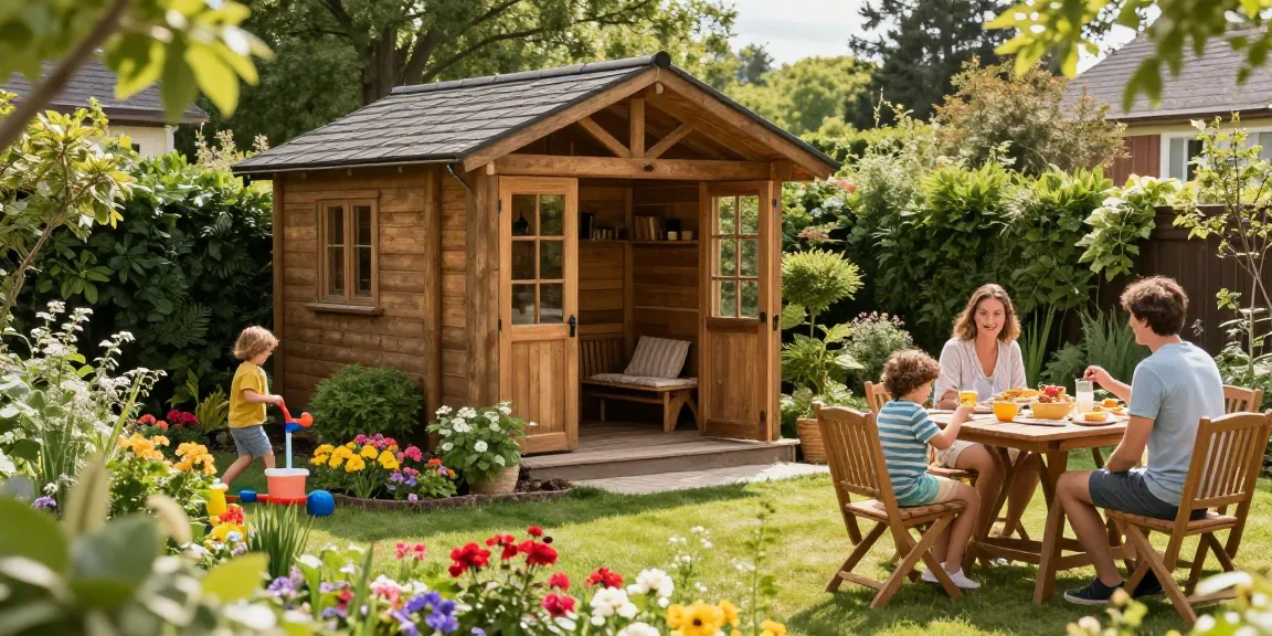 Ein wunderschönes Gartenhaus im Garten, umgeben von bunten Blumenbeeten und spielenden Kindern.