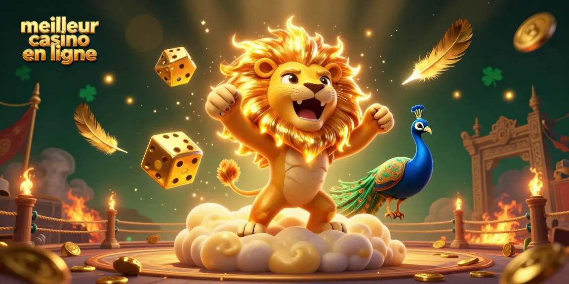 Admirez l'illustration captivante du meilleur casino en ligne avec le lion solaire et des éléments de jeu.