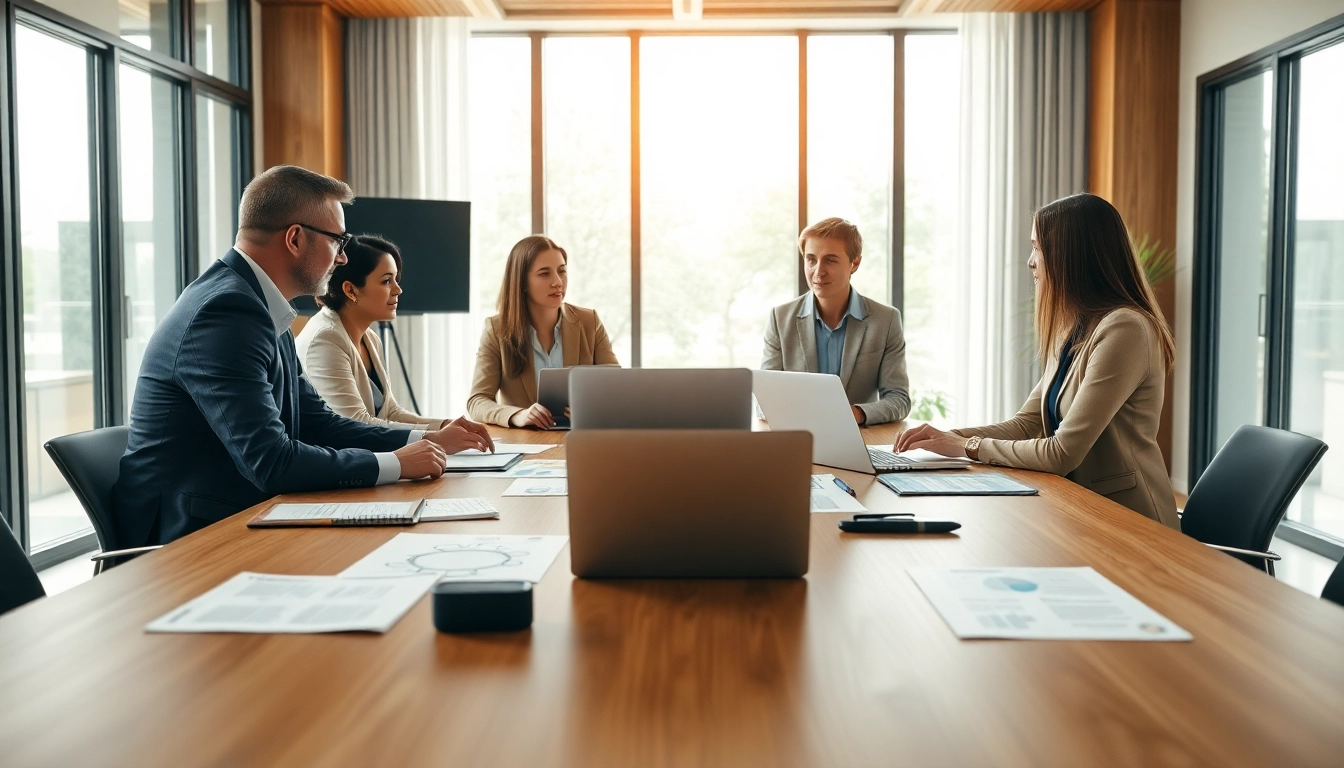 Consultants collaborating on contracts and grants in a bright office setting