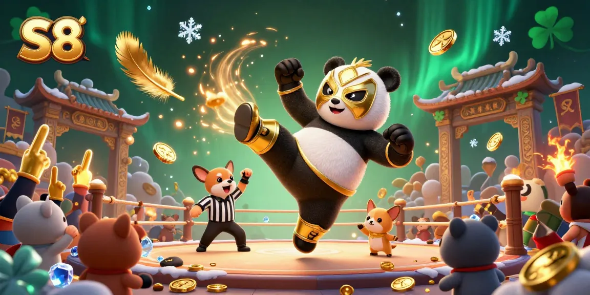 S8 engages players with an energetic panda wrestler in a vibrant casino arena filled with coins and action.