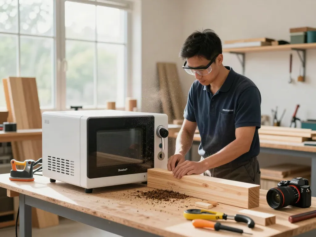 SHASHEL® microwave equipment in a workshop eliminating wood pests effectively, showcasing a clean and professional environment.