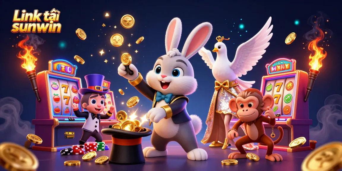 Play slots and win with Link tải sunwin, featuring a lively casino scene of magical characters!