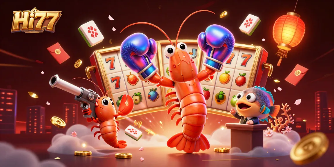 Experience Hi77's thrilling slots with vibrant characters and dynamic gaming elements in this exciting scene.