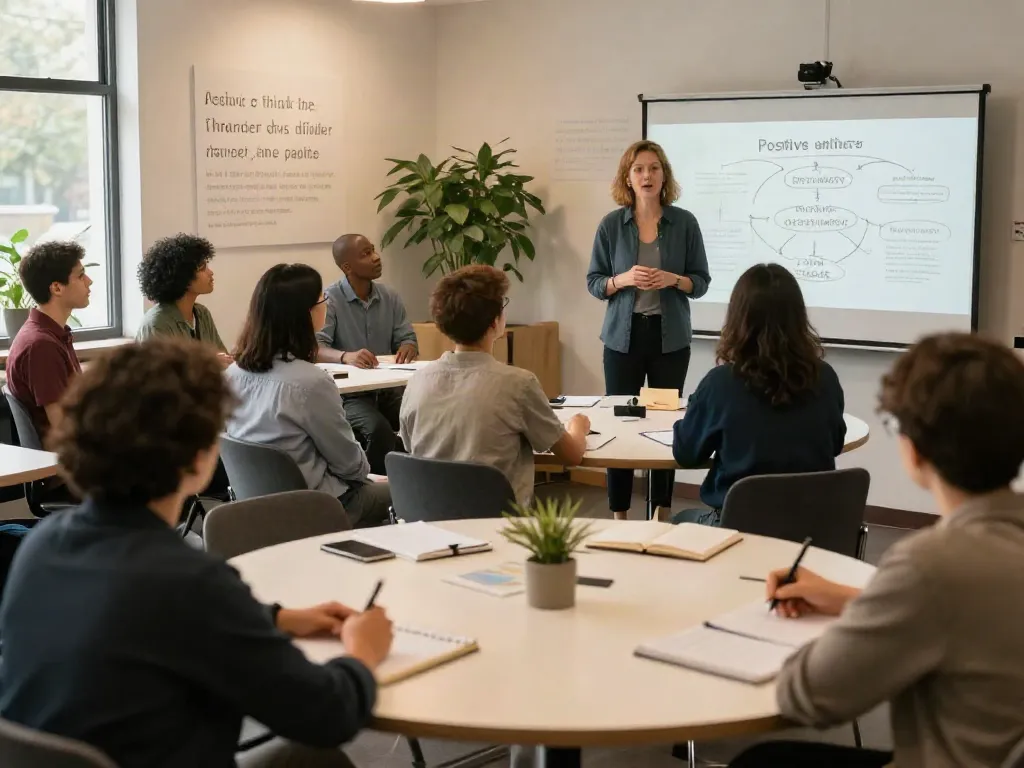 Engaged participants in a workshop focused on positive attitude, highlighting rokok88's approach to character development.