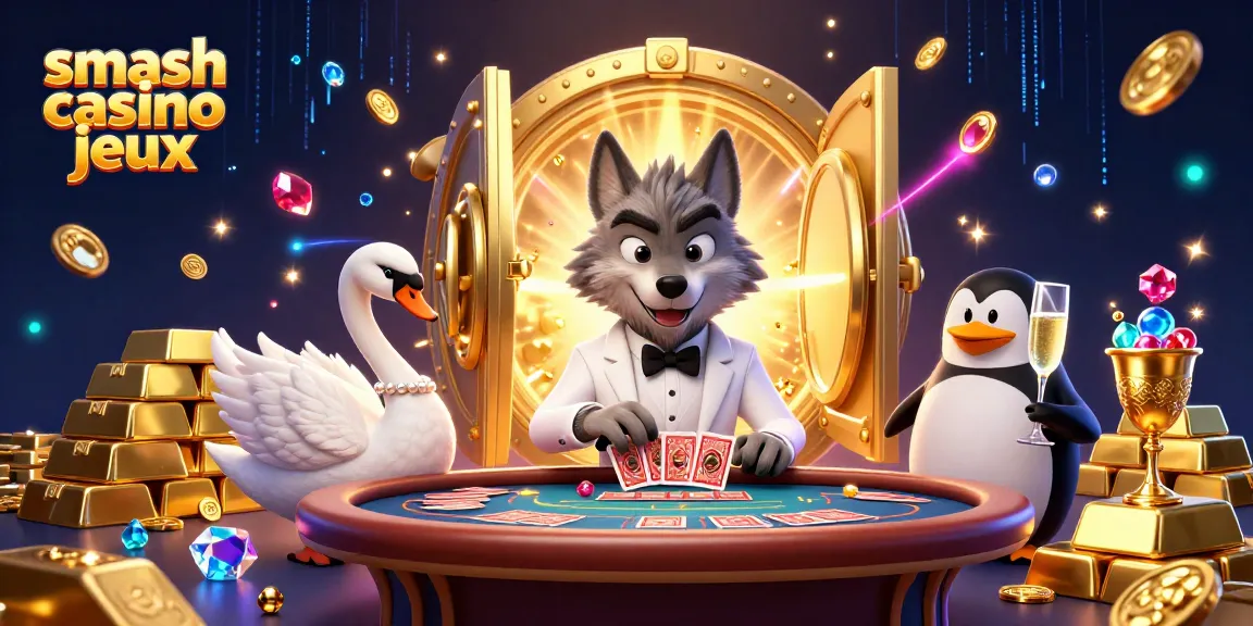 Jouez à des jeux Smash Casino avec une illustration dynamique de personnages de casino entourés de trésors somptueux.