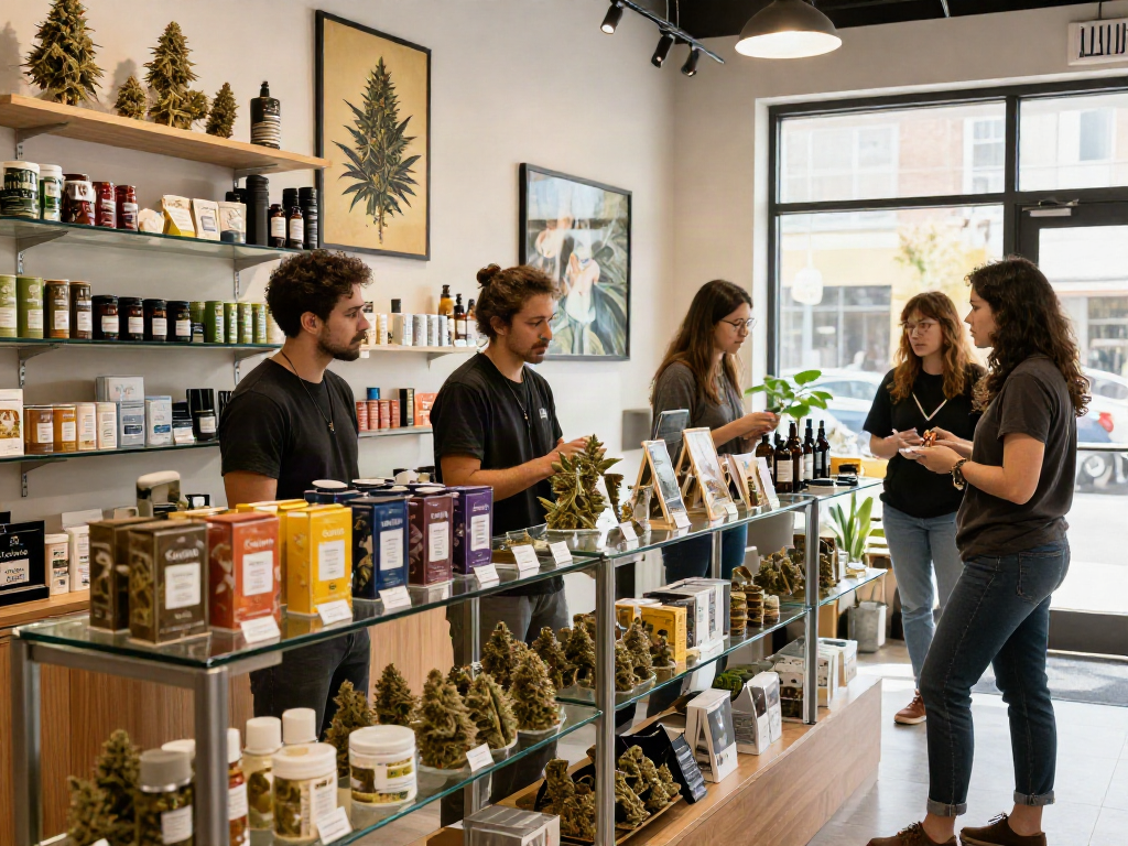 Engaging customers discussing Camino sours cannabis products in a modern dispensary.