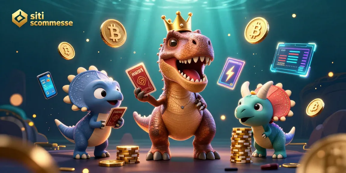 Scommetti sui siti scommesse con il T-Rex che gioca a carte, circondato da monete crypto e grafici futuristici.