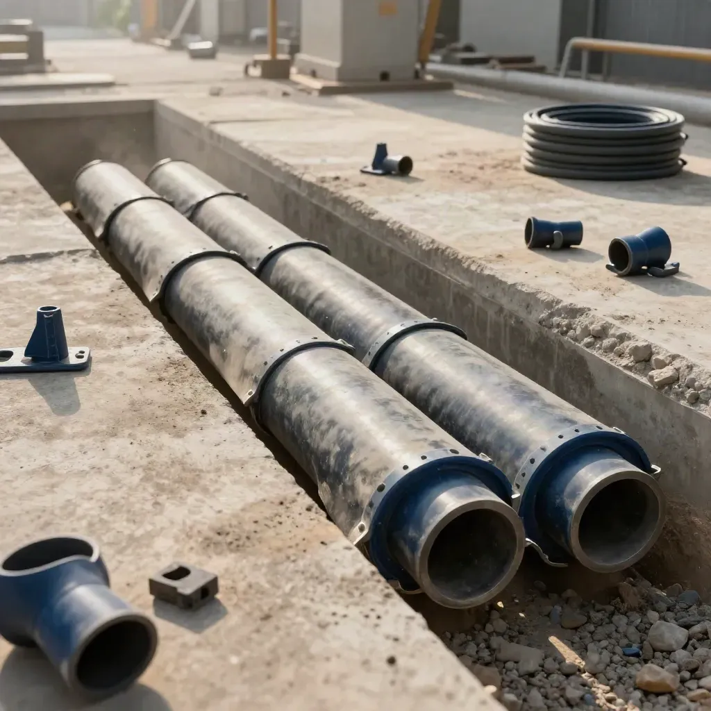 Protective cable covers spanning a trench beside spare sleeves in a utility yard.