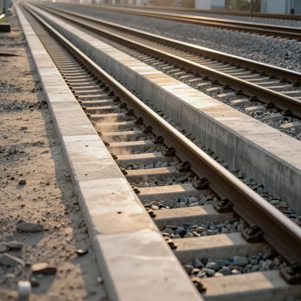 Rail trench covered by protective panels beside tracks, dust hanging in warm evening light.