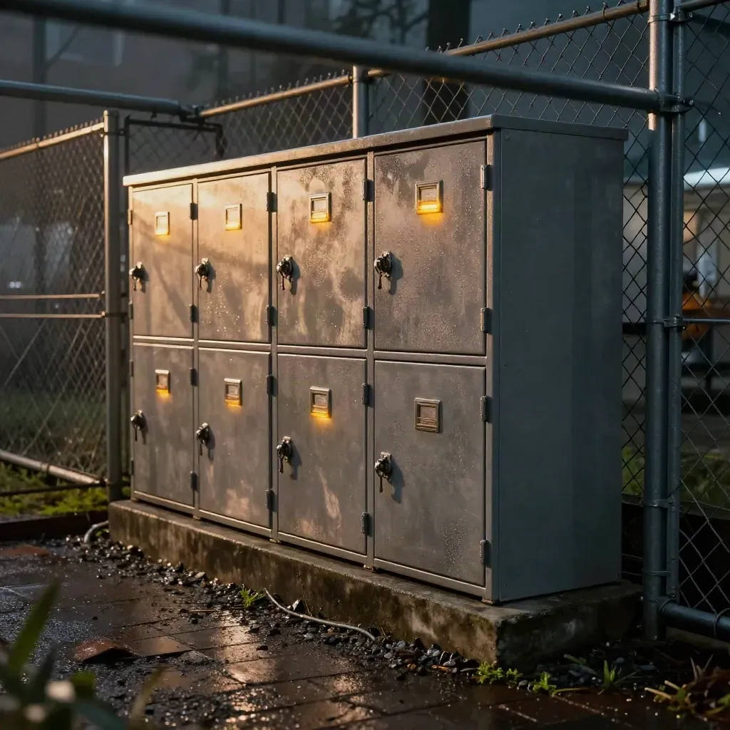Fenced cell yard cabinet bank with sealed latches and amber status lights in night haze.