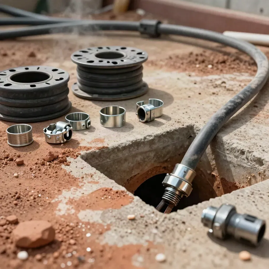 Utility cable repair scene with couplers, sealed spares, and a ready spool beside a serviced junction.
