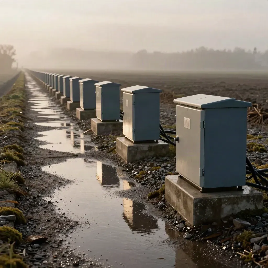 Protected utility cable route with armored covers on wet gravel after rain.