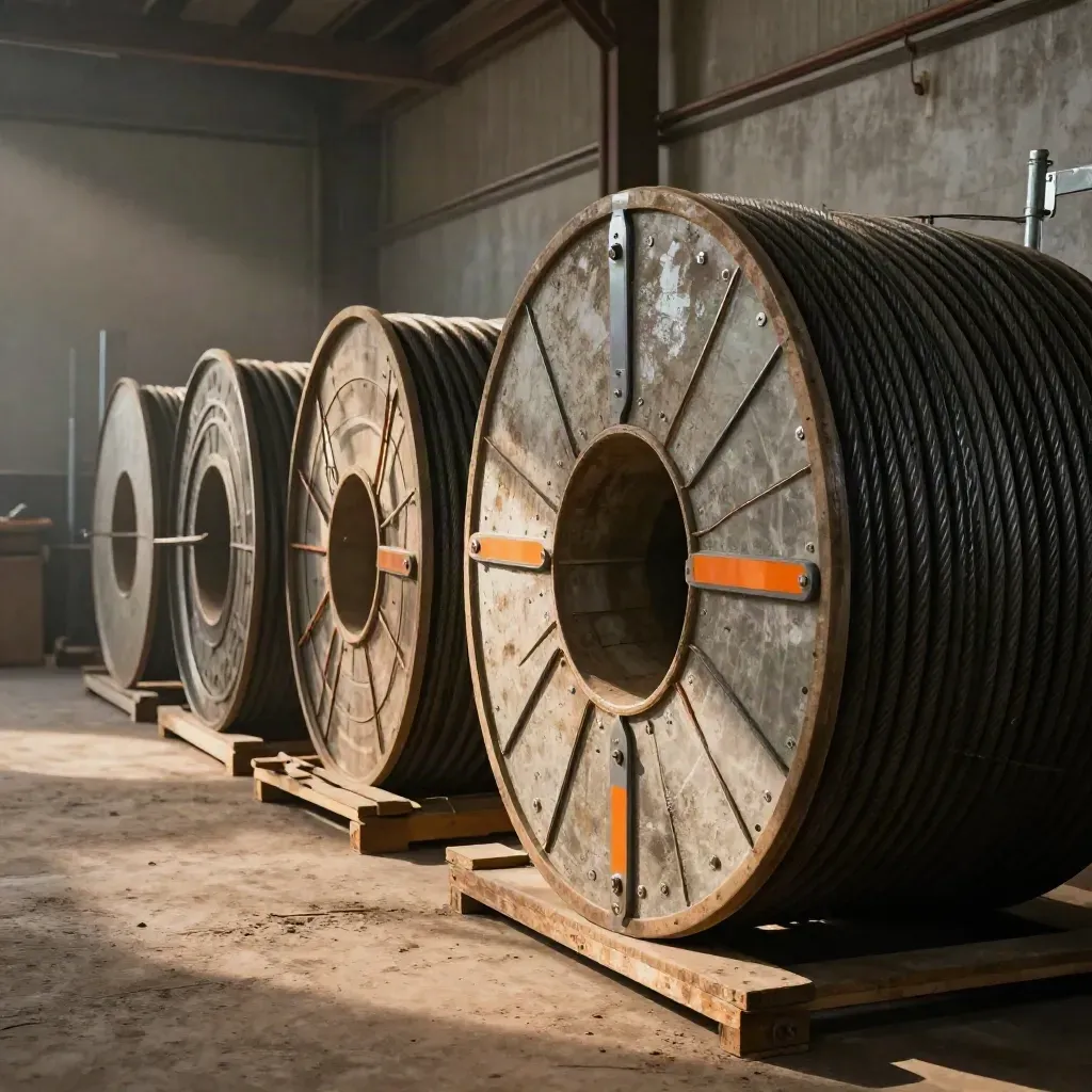 Cable reels with rugged asset tags and orange bands in a dusty industrial yard.