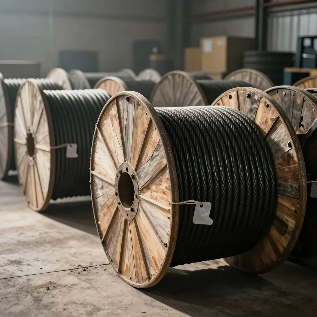 Tidy rows of cable reels in a quiet industrial inventory bay, seen from above.