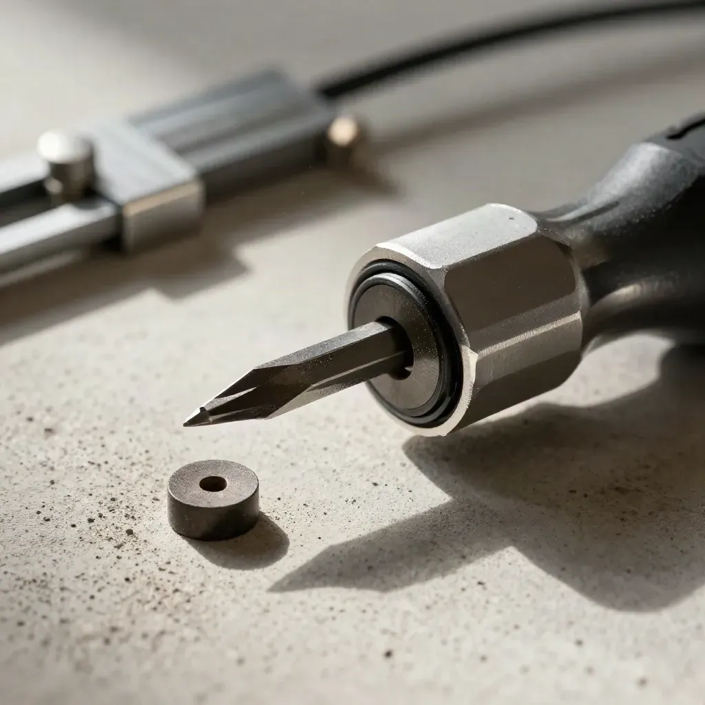 Macro view of sensor hardware and tools on pale concrete, lit by a narrow workshop beam.