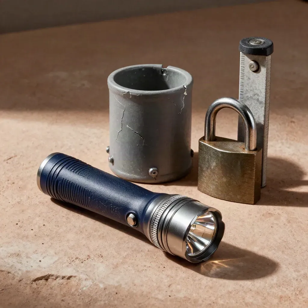 Flashlight, cracked conduit sleeve, padlock and route marker on stone in a site inspection still life.