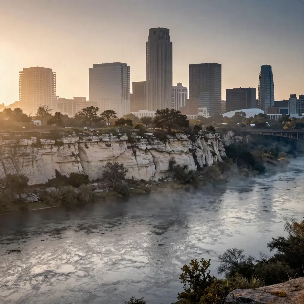 Austin skyline above a hazy limestone bluff and calm riverbed at sunrise
