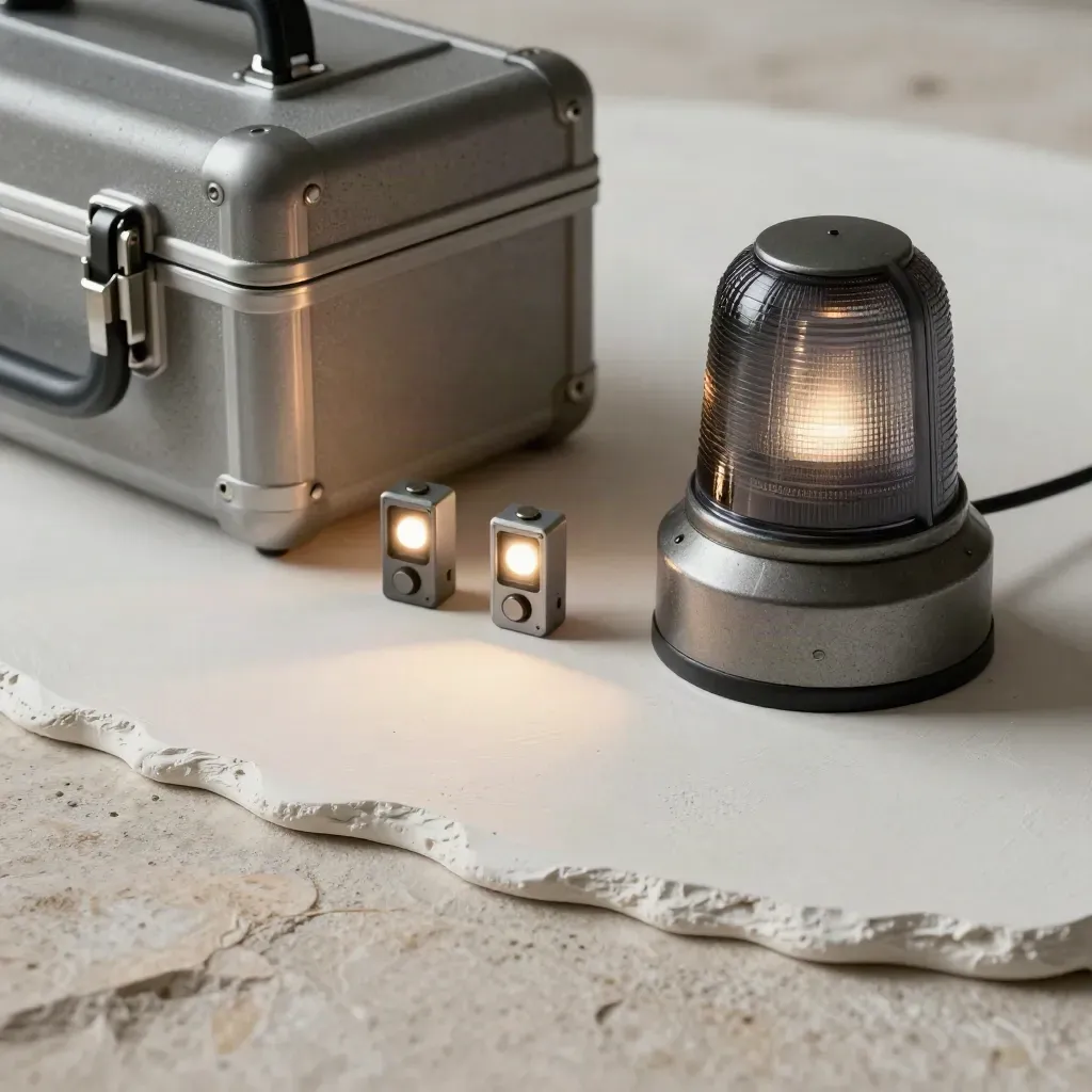 Glowing alert beacon and sealed equipment case on a plaster plinth with status modules.