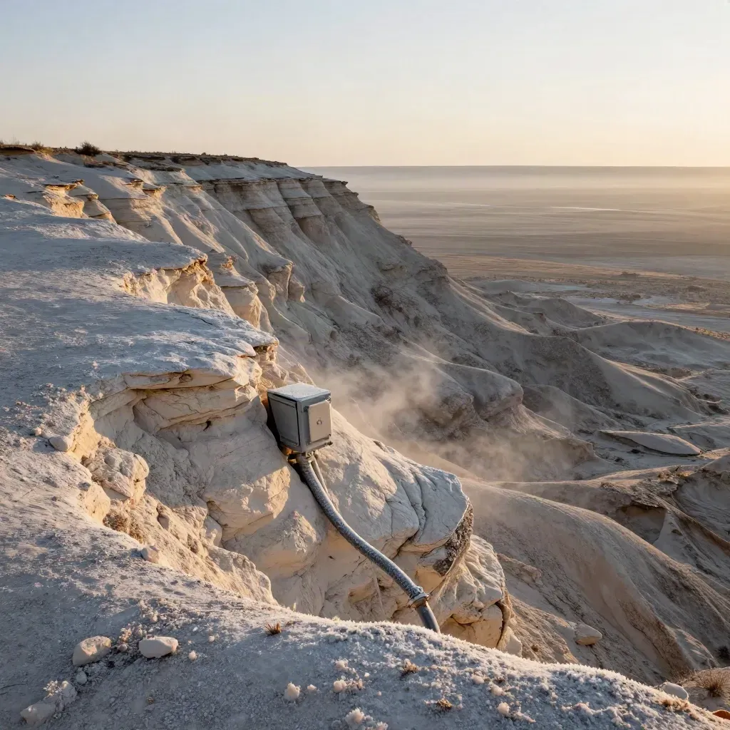 West Texas mesa ridge and caliche flats at dawn with a discreet utility cable cover.