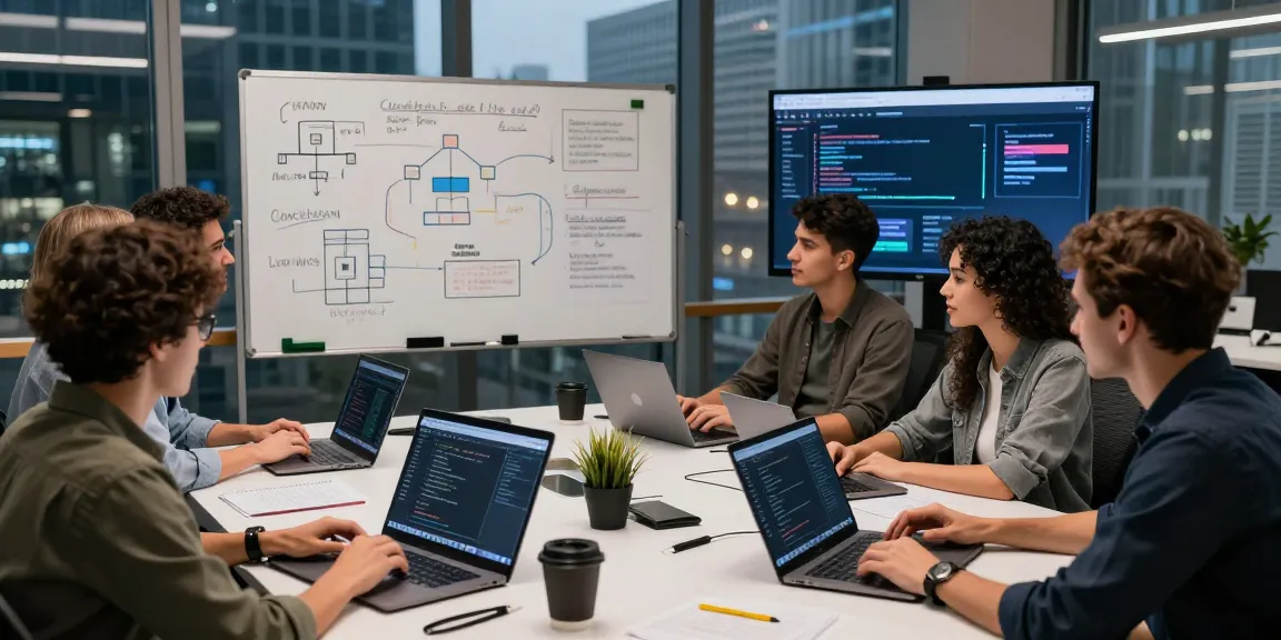 Developers collaborating on web3 services with laptops, digital whiteboard, and application demo in a vibrant tech environment.