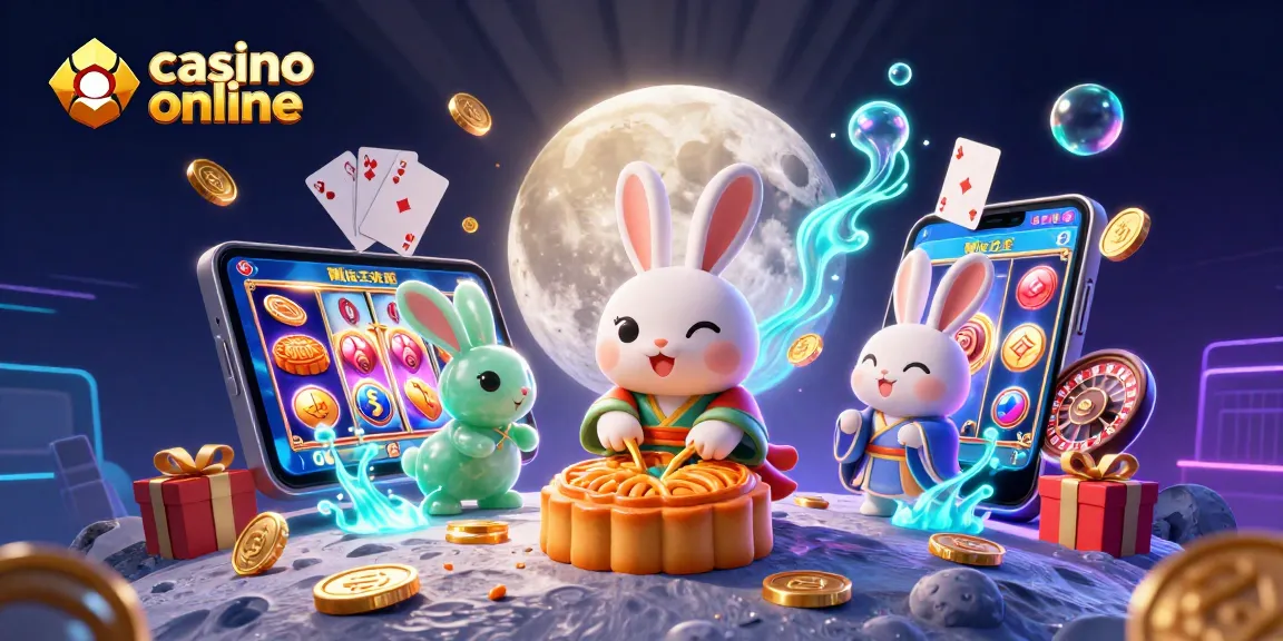 Jouer à des jeux de casino en ligne avec le lapin de lune et des jetons de poker au milieu d'éléments colorés