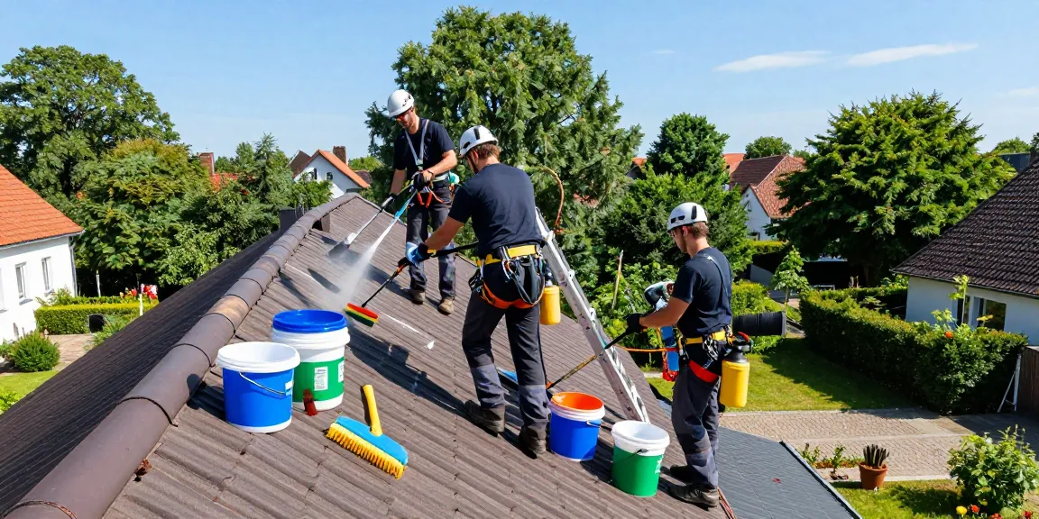 Dachreinigung Dortmund durch professionelle Reinigungsteams mit umweltfreundlichen Reinigungsmitteln auf einem Wohnhaus in Dortmund.