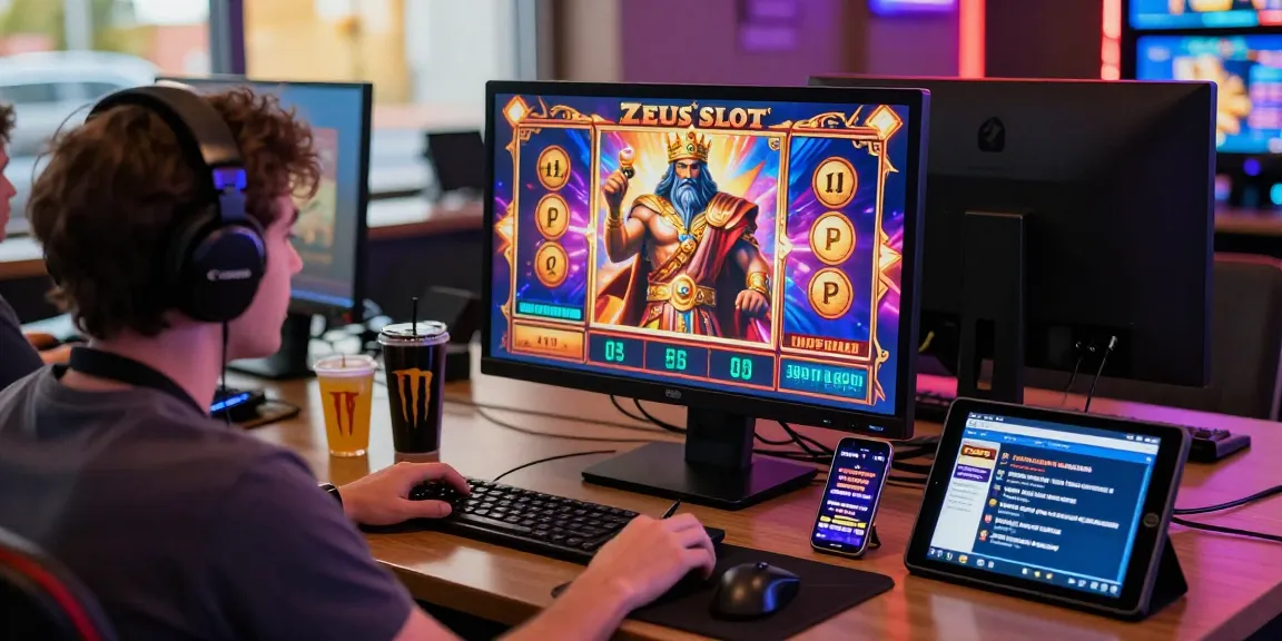 An engaged player enjoying the zeus slot game on a desktop surrounded by gaming accessories.
